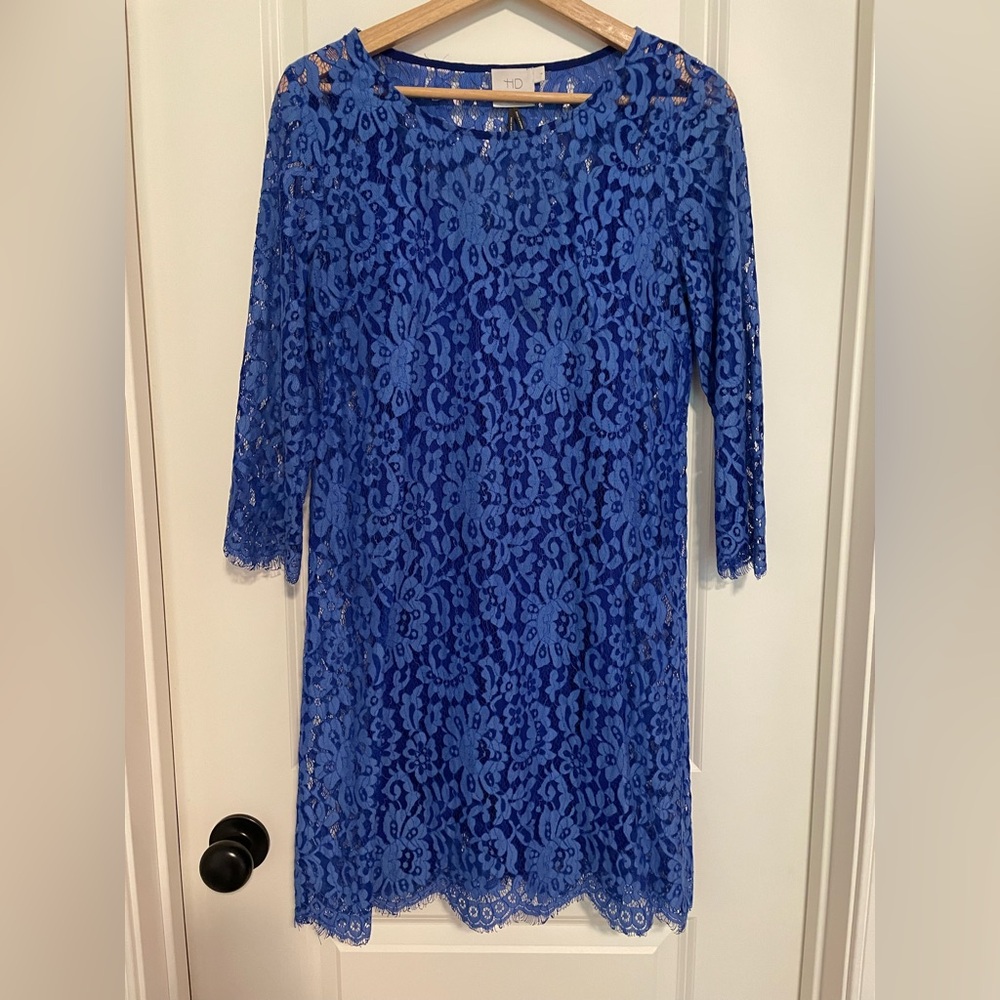 Anthropologie HD in Paris Blue Sheath Dress 3/4 Sleeve Crew Neck